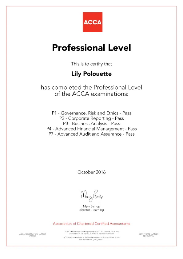 ACCA Professional Level certificate of Lily Tyler